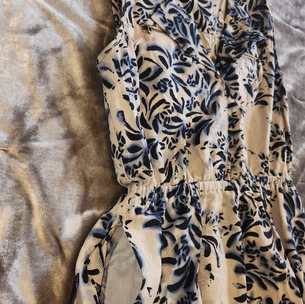 S NEW DKNY Cream Linen Blue Floral, Sleeveless,Collar,Pockets,Luxurious,Designer - Picture 2 of 6